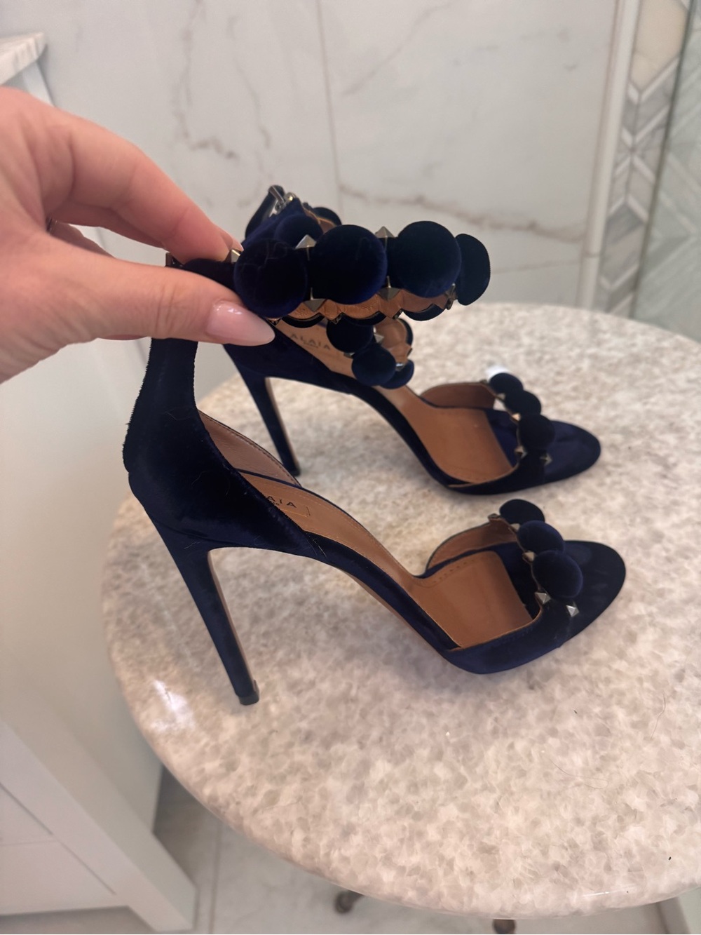 Alaia Navy Satin Pom-Pom Ankle-Strap Heels - Picture 5 of 16